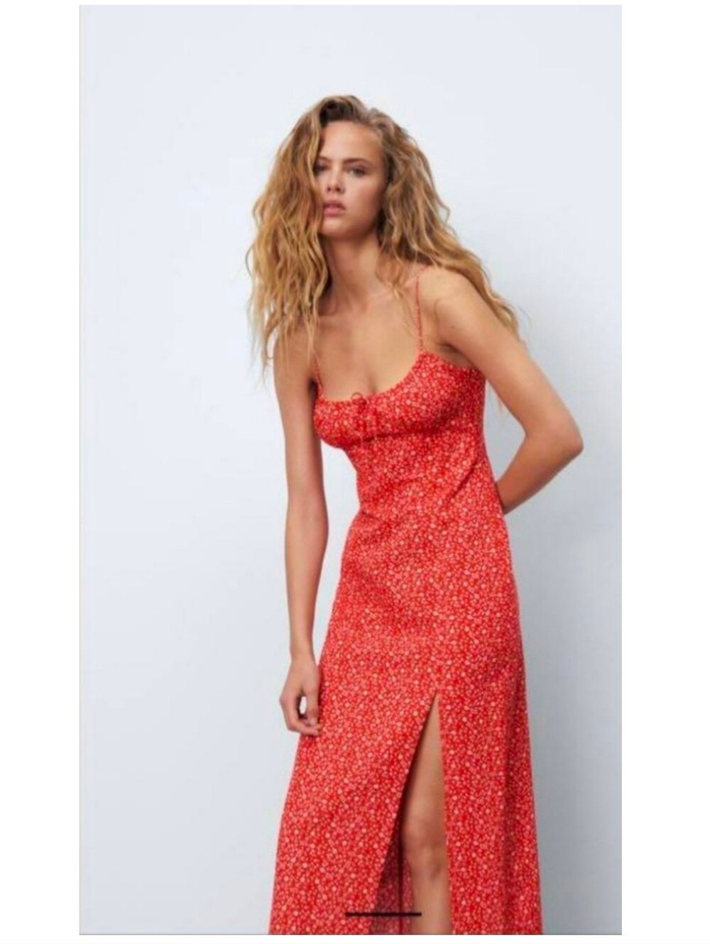 Zara Red-White Ditsy Floral Linen Cotton Blend Midi Slit Hem Dress - XS